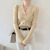 Summer Korean Style Knitted Sweaters Women Buttons Cardigan Slim Ladies Fashion Long Sleeve