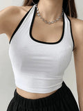 Contrast Trim Cropped Halter Tank Top-Outfit