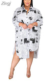 5XL Big Size Women Clothing Irregular Blouse Dresses Casual Big Size 3XL Dress Fashion Newspaper Print Office Lady