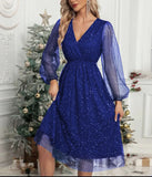 Zingj New V-Collar Elegant Slim Solid Color Stitching Mesh Perspective Sprinkling Powder Dress Female-Outfit