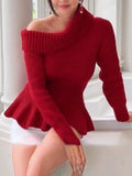 Fashion Women's Knitted Pullover Spliced Slash Neck Slim Solid Color Long Sleeve Ruffles Sweater Autumn 2023 New