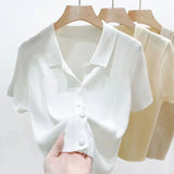 Zingj Beauty Solid Color Thin Polo Lapel Sweater Female Summer New Small Short-Sleeved T-Shirt