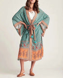 Queens Women Floral Print Sashes Bohemian Kimono Dress Ladies V Neck Batwing Sleeves Beach Boho Maxi Robe