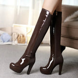 Women Fashion Knee High Boots Patent Leather Square High Heels Platform Zipper Boots Autumn Winter Woman Shoes Big Size