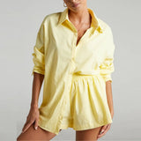 Tracksuits Shirt With Mini Shorts Cotton Two Pieces Sets Fashion Clothing Outfits Women Blouses Fashion