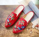Zingj Two Birds, Embroidered Ink Painting, Bright Silk Cloth, Pointed Women's Single Shoes, Casual Walking