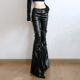 Day Buckle Waist Hollow PU Leather Sleetros Women 2025 Low-Rise Straight Pants New Leather