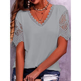 Women's T-Shirt Burst Lace Splicing Loose V-Neck Short-Sleeved
