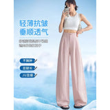 Anti-Frinkle Silk Linen Pants Women Summer Thin Ice Silk Cotton High Waist Hanging Mountain Suit Wide Leg