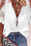 Lace Zipper Blouse Hollow Out Short Sleeve Women V-neck 5XL Casual Fashion Shirt Lady Loose Sexy Elegant Tops Mujer