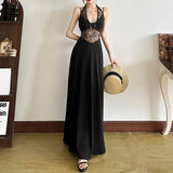 2025 Summer New Women's Style Sexy Lace Hollow Splicing Long Sleeveless Dress