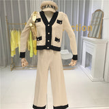 Designer Korean Elegant Knitted 2 Piece Pants Sets Suits Long Sleeve V-neck Tops + Wide Leg Pants Suits 2020 Spring
