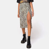 Elegant Split Long Skirts Vintage Leopard Floral Print High Waist A Line Skirts Office Lady Casual Bodycon Midi