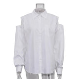 Zingj Women's Fashion Long Sleeve Lapel White Shirt 2023 Summer New Off-Shoulder Loose Shirt Top-Outfit
