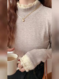 Semi-High-Necked Velvet Bottomed Blouse With A New Style Of Long-Sleeved Knitted Velvet And Warm Lace