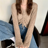 Zingj Out Thin Jacket Summer 2024 New Draw Rope V Collar Short Money Wearing Sunscreen Shirt Sweet Spicy Short Sleeve Knit Women-Outfit