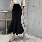 Spring Knitted Mermaid Sweater Skirt Elastic High Waist Women Midi Skirt Solid Ruffle Party Skirts