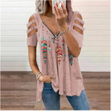 Collar Leisure Zipper Pullover Print Short Sleeve Loose T-shirt