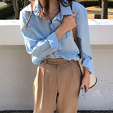 Casual Loose Women Blouses Shirts Minimalist Single-breasted Female Blue Shirts 2020 Spring Summer Tops Oversized