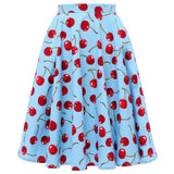Summer High Waist Swing Skirts Womens Cotton Cherry Print Floral Swing Pin-up 50s Retro Vintage Skirts School Jupe