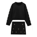 Buckle Eye Hollow Design Round Collar Loose Short- Jacket High-Waisted Mini Skirt Set 2025 Spring Women's
