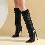 Women Faux Leather Pleated Fashion Knee High Boots Sexy Thin High Heel Slip On Long Boots Ladies Pointed Toe Autumn Winter