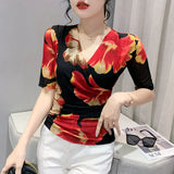Women Half Sleeve Print Mesh T Shirts Lady Elegant Elastic Crossed V Neck Floral Tops Tees Female Fashion