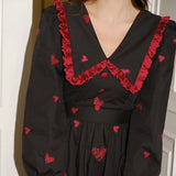 Black Heart Long Dress Elegant Puff Sleeve Christmas Party Dress Female Winter Korean One Piece Gothic Y2K Dress