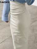 Spring Luxury Elegant Black Soft Stretchy Pu Leather Ruched Bandage Pencil Skirt Women High Waist Office Wear Women
