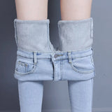 Jeans For Women Skinny High Waist Elastic Casual Streetwear Denim Trousers Fleece Slim Warm Jean Pencil Pants With