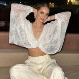 White Sheer Lace Knot Long Sleeve Crop Blouse-Outfit