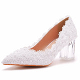 Cm Shallow Crystal Transparent Coarse Single Shoes White Lace Pointed Large Size Wedding Shoes Bridesmaid Party