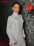 Elegant Turtleneck Gray Women Dresses Casual Fashion Pleatd Long Sleeve Dresses Autumn Loose Ankle-length Dress