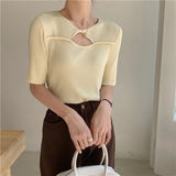 Ribbed Knit Top Summer Short Sleeve Tees Hollow Out Korean Fashion T Shirt Women White Yellow Black Blue Casual