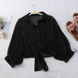 2021 Summer Half Sleeve Buttoned Up Shirt Loose Casual Blouse Chiffon Shirts Women Tied Waist Elegant Blouses for