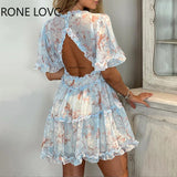 Women Floral Print Frill Hem Backless Casual Dress Mini Dress Women Summer