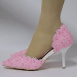 Cm White Lace Wedding Shoes Fine Heel Pointed Sandals Hollow Two-Siped Sandals Large Size