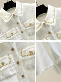 Summer New Tweed Patchwork Chiffon Shirt Blouse Women Vintage Long Sleeve Gold Chain Pearls Weave Tassels Pocket