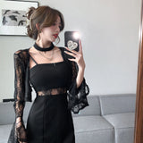Autumn Temperament New Lace Open-Shirt Jacket Top + Sling Bottom Dress