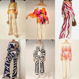 2025 New Set Women's Printed Round-Neck Loose Bat Sleeves Wide Leg Trousers Fashion