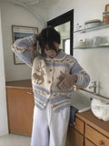 Pastel Printed Collar Knitted Buttoned Cardigan- Outfit