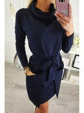 Autumn Winter Long Sleeve O Neck Women Dress 2020 Casual Solid Belt Cotton Pocket Ladies Fashion Package Hip Mini