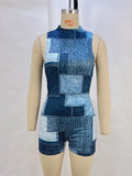 Zingj Summer New Casual Sleeveless Denim Print Waist And Hip Jumptop