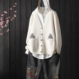 style retro V-neck knitted cardigan women autumn new style art jacquard embroidery sweater women