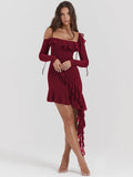 Long Sleeve Off-shoulder Ruffle Mini Dress-Outfit