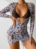 2025 New Transparent Mesh Digital Three-Piece Printed Sunscreen Beach Bikini
