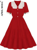 Women's Summer Red Black Swing Dress 2022 Solid Color Retro Sexy Office Tunic Midi Sundress 50s 60s Pinup Beach