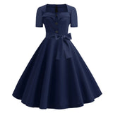 Spring Solid Color Party Flare Women Dress With Button Retro Robe De Cocktail Summer 50s 60s Tunic Swing Rockabilly