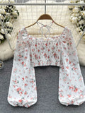 Summer French Style Print Short Blouse 2023 Long Sleeves Elastic Beach Top Women Fashion Backless Ruched Floral
