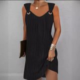 Zingj Spring And Summer Temperament Commuting Simple Pure Color Metal Button V-Neck Sleeveless Dress-Outfit